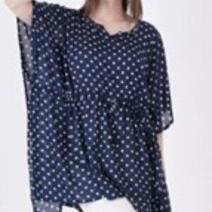 AZUR Beach Cover Up indigo blue Kaftan Boho  blouse top  polka dot one size